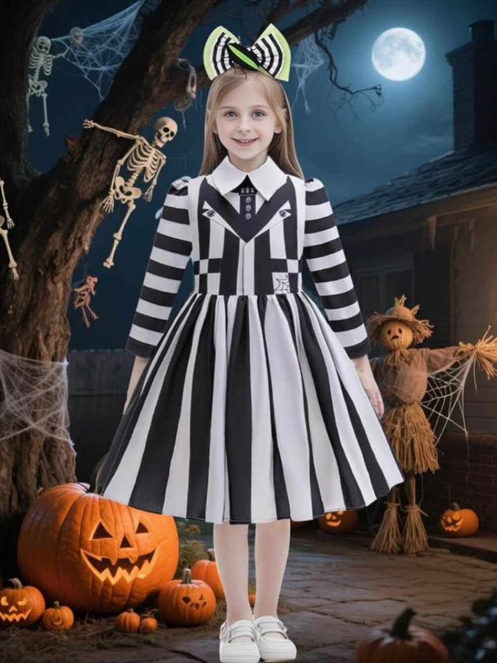 Girls Beetlejuice Inspired Halloween Costume with Headband 9/10